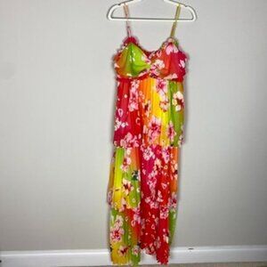 L'atiste Cherry Blossom Sunset Maxi Dress Womens Large Sleeveless Tiered Pleated